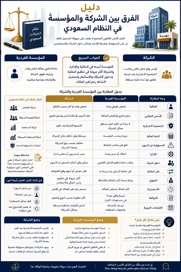 إنفوغرافيك دليل الفرق بين الشركة والمؤسسة في النظام السعودي