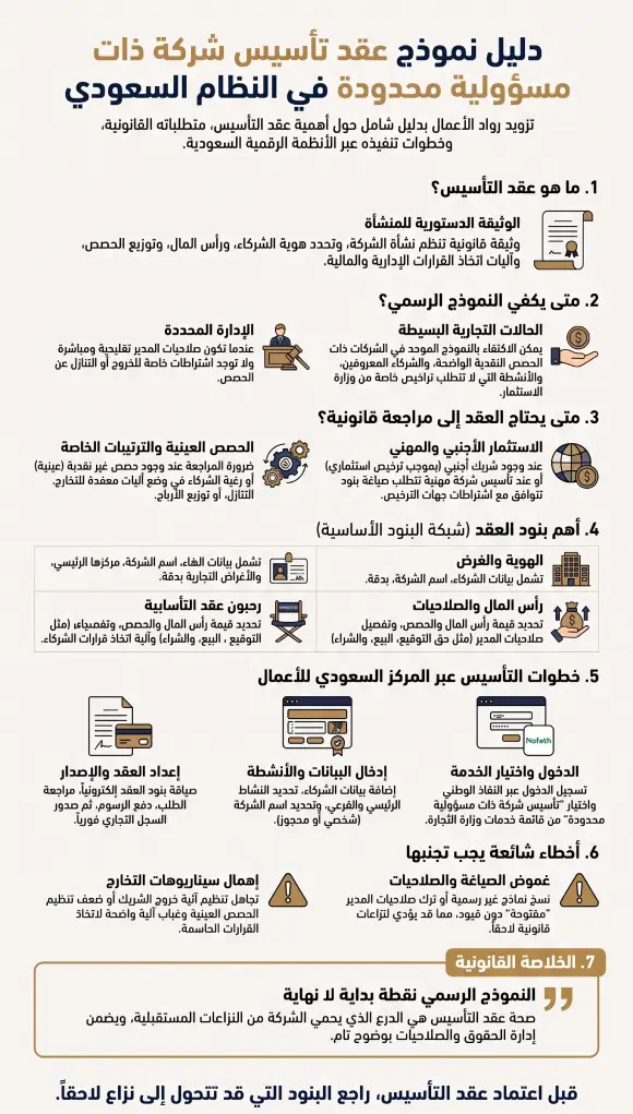 إنفوغرافيك دليل نموذج عقد تأسيس شركة ذات مسؤولية محدودة 