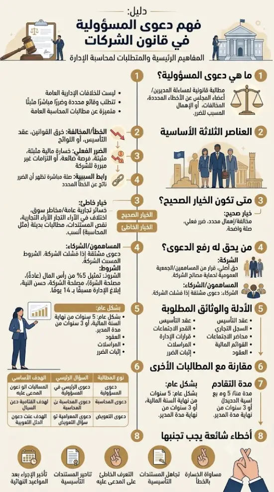 إنفوغرفيك دليل فهم دعوى المسؤولية في قانون الشركات