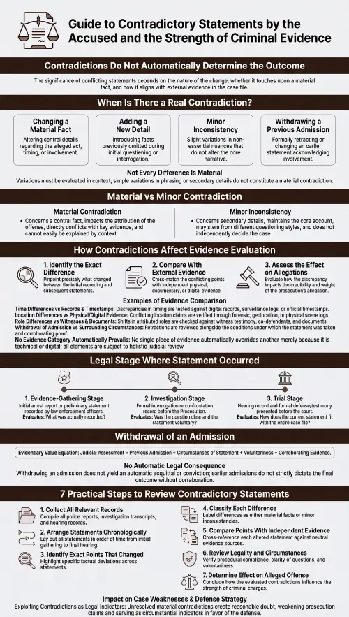 Visual guide explaining how contradictory accused statements are reviewed in Saudi criminal evidence