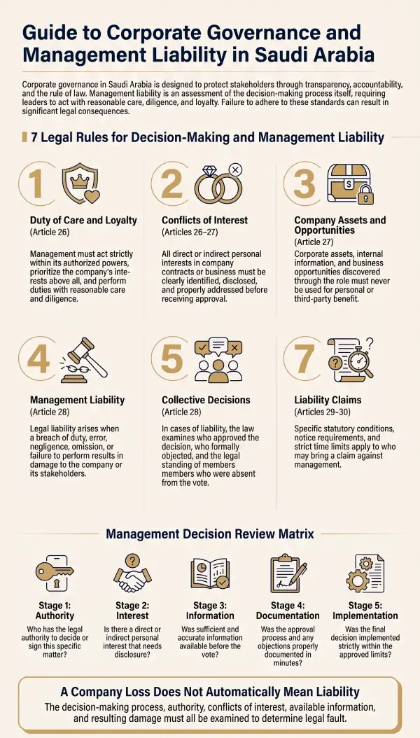 Corporate Governance and Management Liability infographic in Saudi Arabia