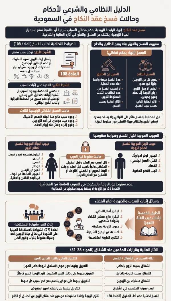 إنفوغرافيك يوضح العيب كسبب لفسخ عقد الزواج في السعودية وضوابط العلة والعلم والرضا والمهر