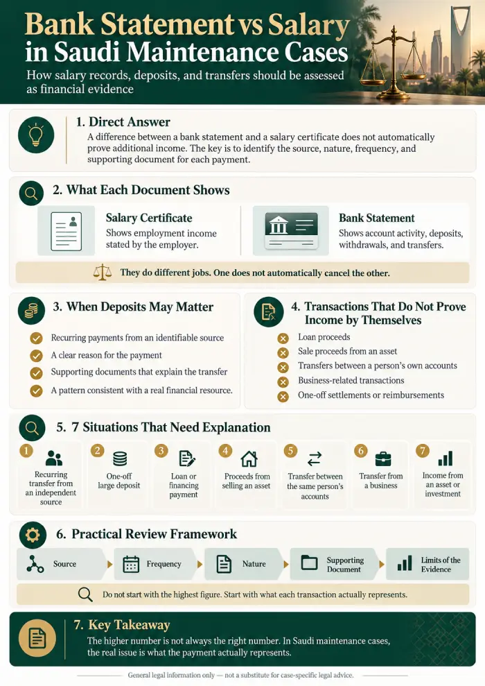 Infographic explaining bank statement vs salary in Saudi maintenance cases and when deposits may indicate additional income
