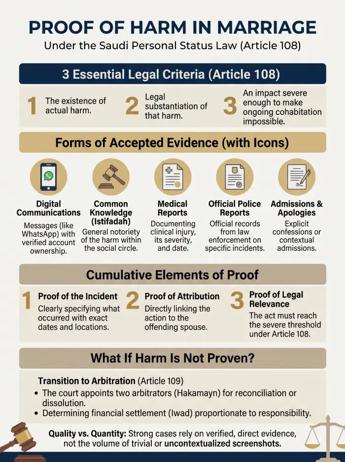 Infographic on proving harm in marriage under Article 108 of the Saudi Personal Status Law.