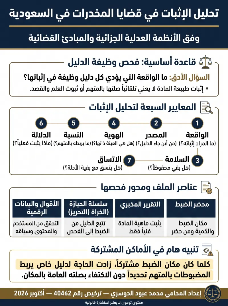 إنفوغرافيك يوضح المعايير السبعة لتحليل الإثبات في قضايا المخدرات وفق الأنظمة العدلية السعودية