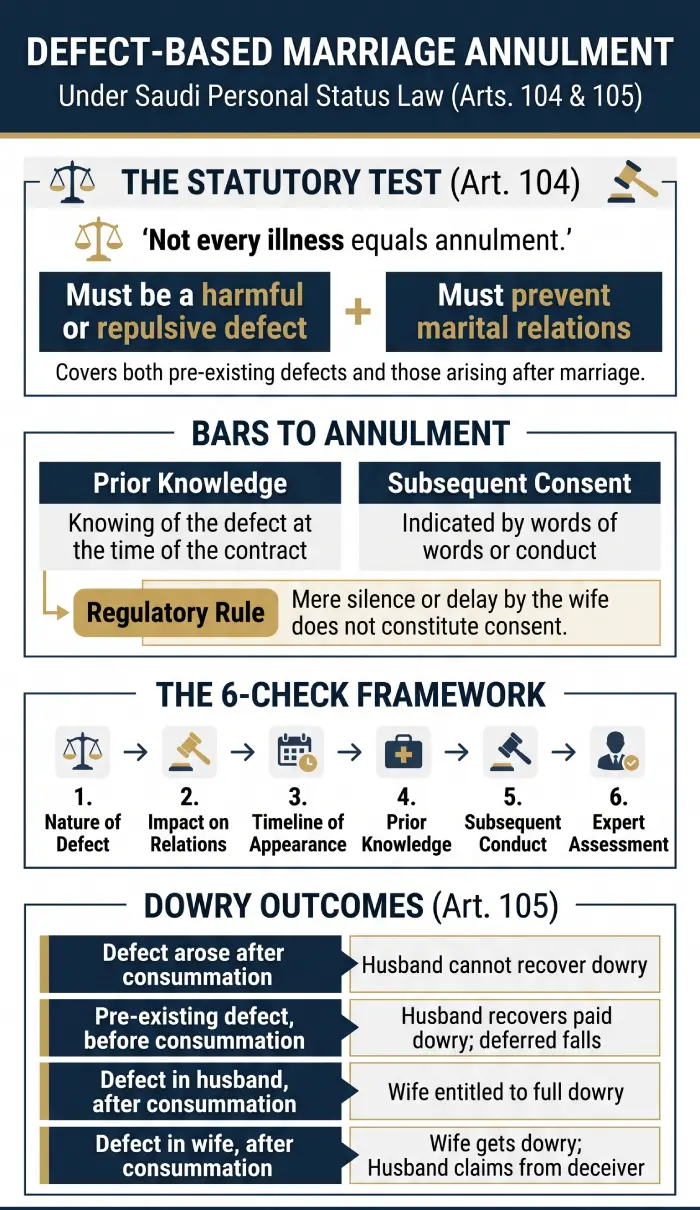 Infographic summarizing Defect-Based Marriage Annulment under Saudi Personal Status Law Articles 104 and 105 by Lawyer Mohammed Aldosari.