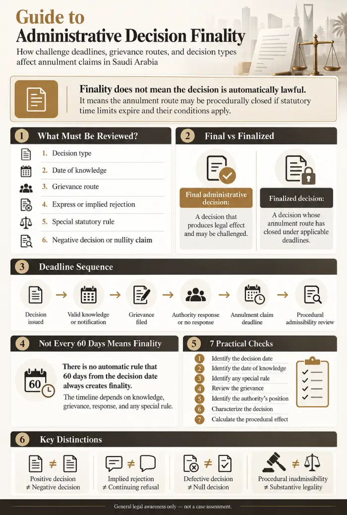 Guide to administrative decision finality and challenge deadlines in Saudi administrative law