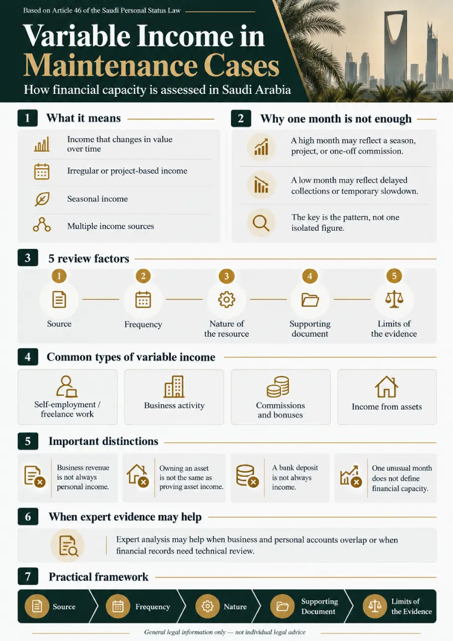 Infographic explaining variable income in maintenance cases in Saudi Arabia and how financial capacity is assessed