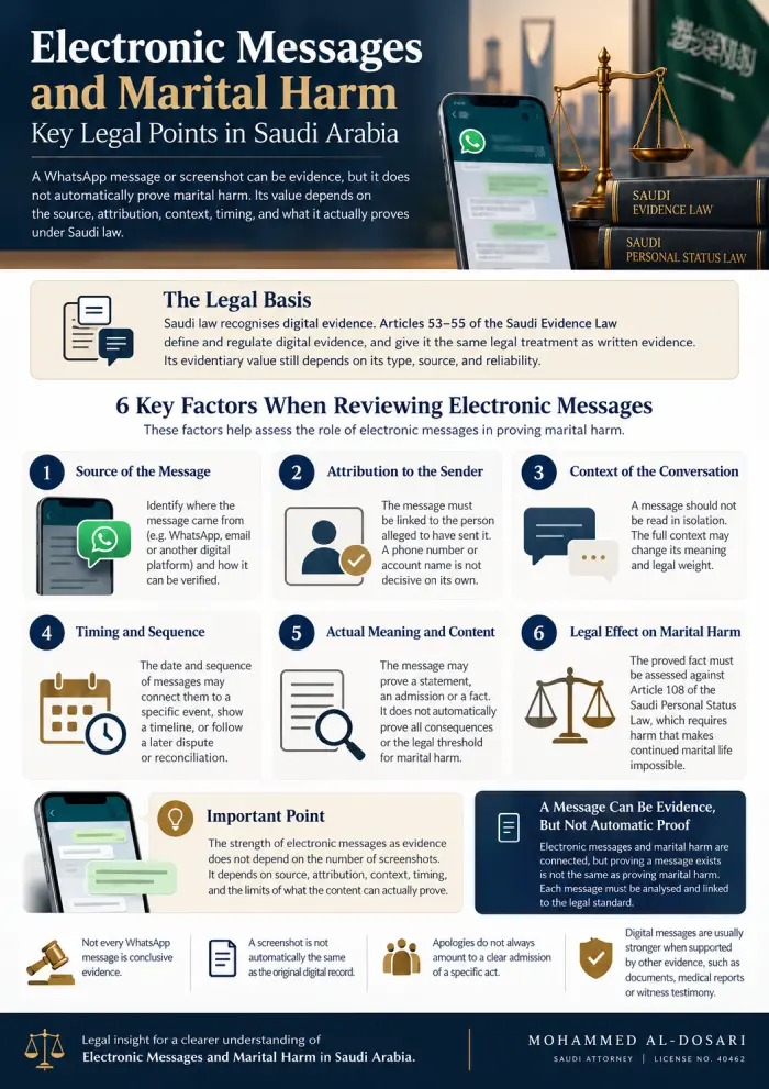 Infographic explaining electronic messages and marital harm in Saudi Arabia and 6 factors for assessing digital evidence