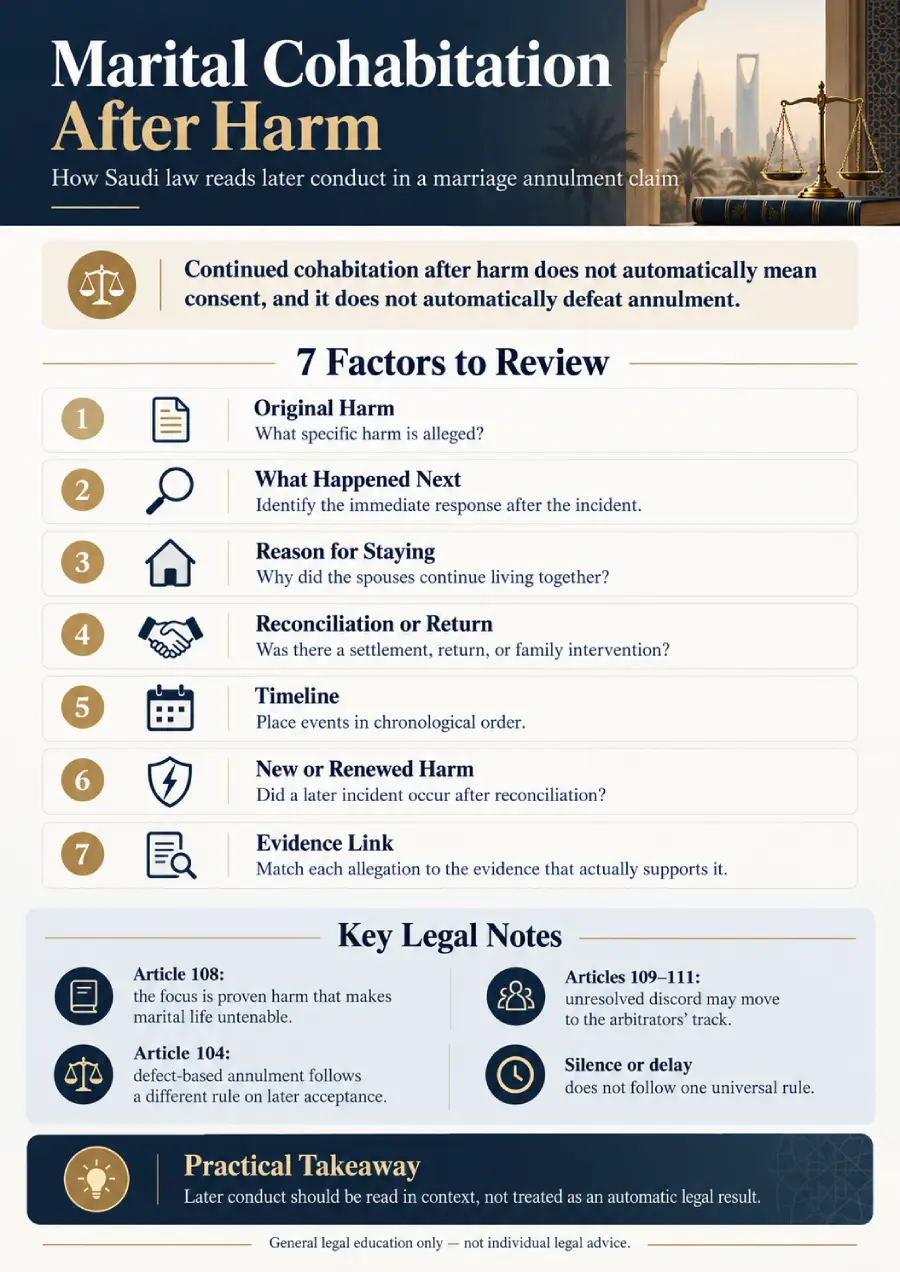 Infographic explaining marital cohabitation after harm and 7 factors to review in a Saudi marriage annulment claim