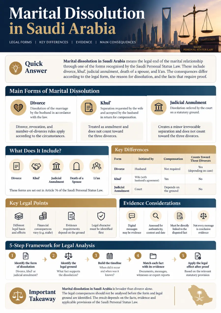 Infographic explaining marital dissolution in Saudi Arabia, including divorce, khul', judicial annulment, evidence considerations, and a 5-step legal analysis framework.