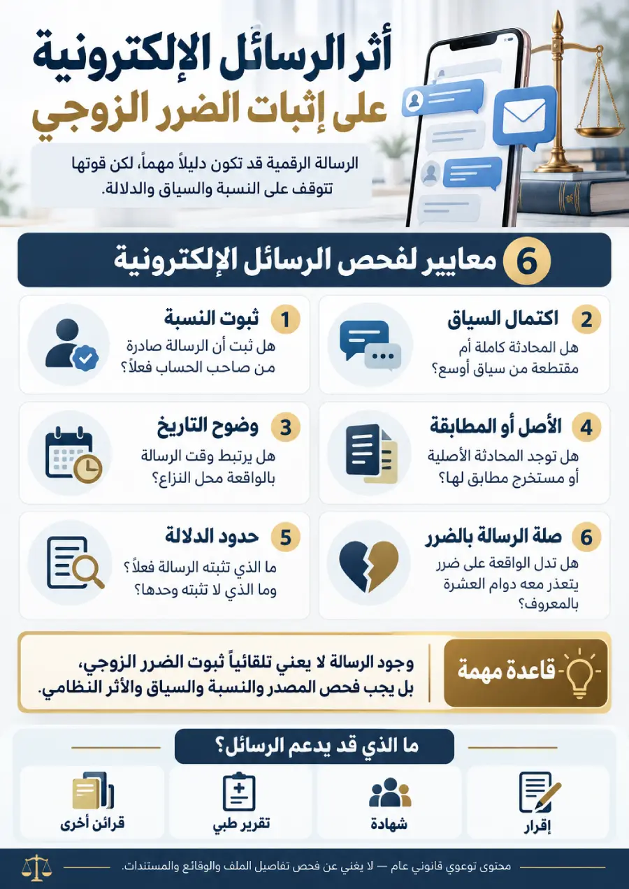 إنفوغرافيك يوضح أثر الرسائل الإلكترونية على إثبات الضرر الزوجي ومعايير فحصها في السعودية