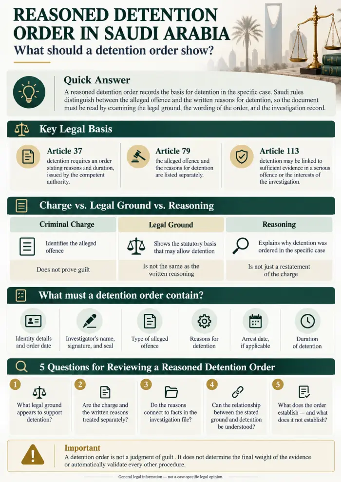 Infographic explaining a reasoned detention order in Saudi Arabia, including the legal ground, written reasons, required order details, and 5 review questions