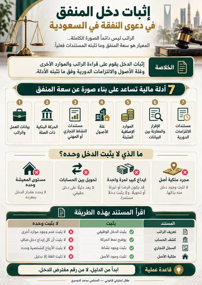 إنفوغرافيك يوضح إثبات دخل المنفق في دعوى النفقة في السعودية وأهم الأدلة المالية وحدود دلالة كل مستند