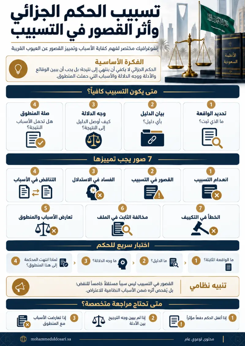 إنفوغرافيك يوضح 7 صور للقصور والعيوب المرتبطة بتسبيب الحكم الجزائي