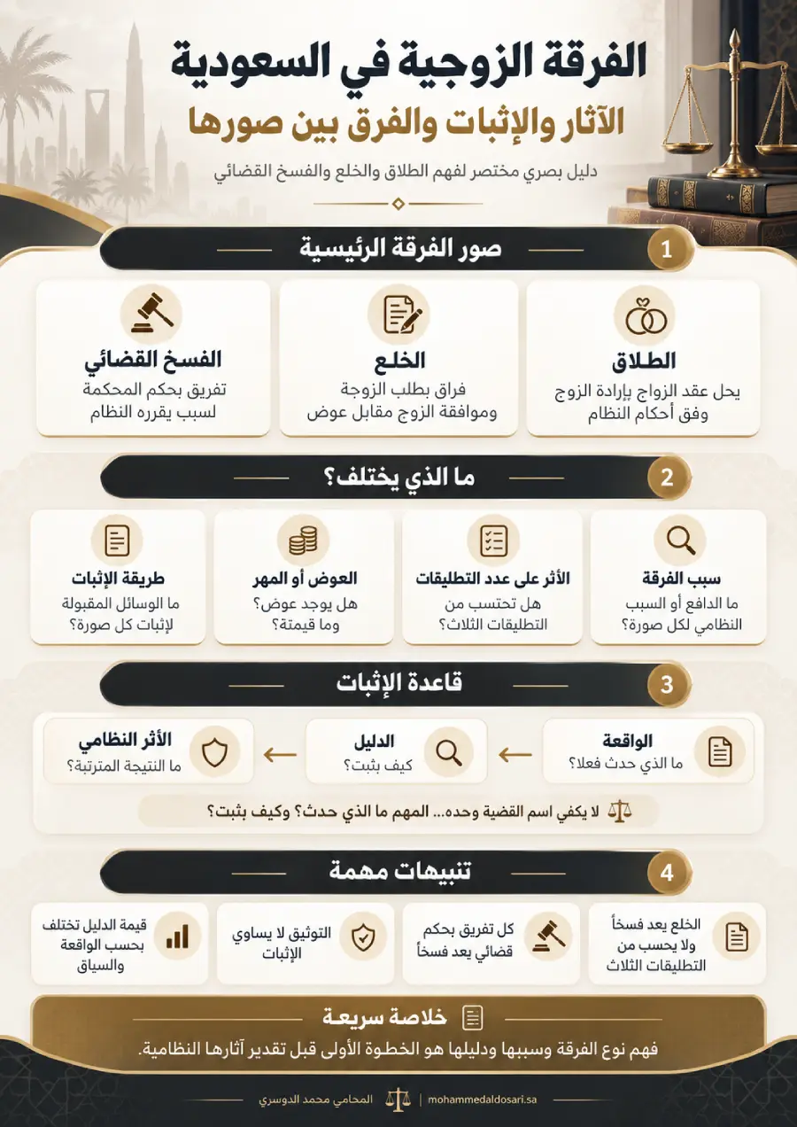 إنفوغرافيك يوضح الفرقة الزوجية في السعودية والفرق بين الطلاق والخلع والفسخ القضائي وآثار الإثبات