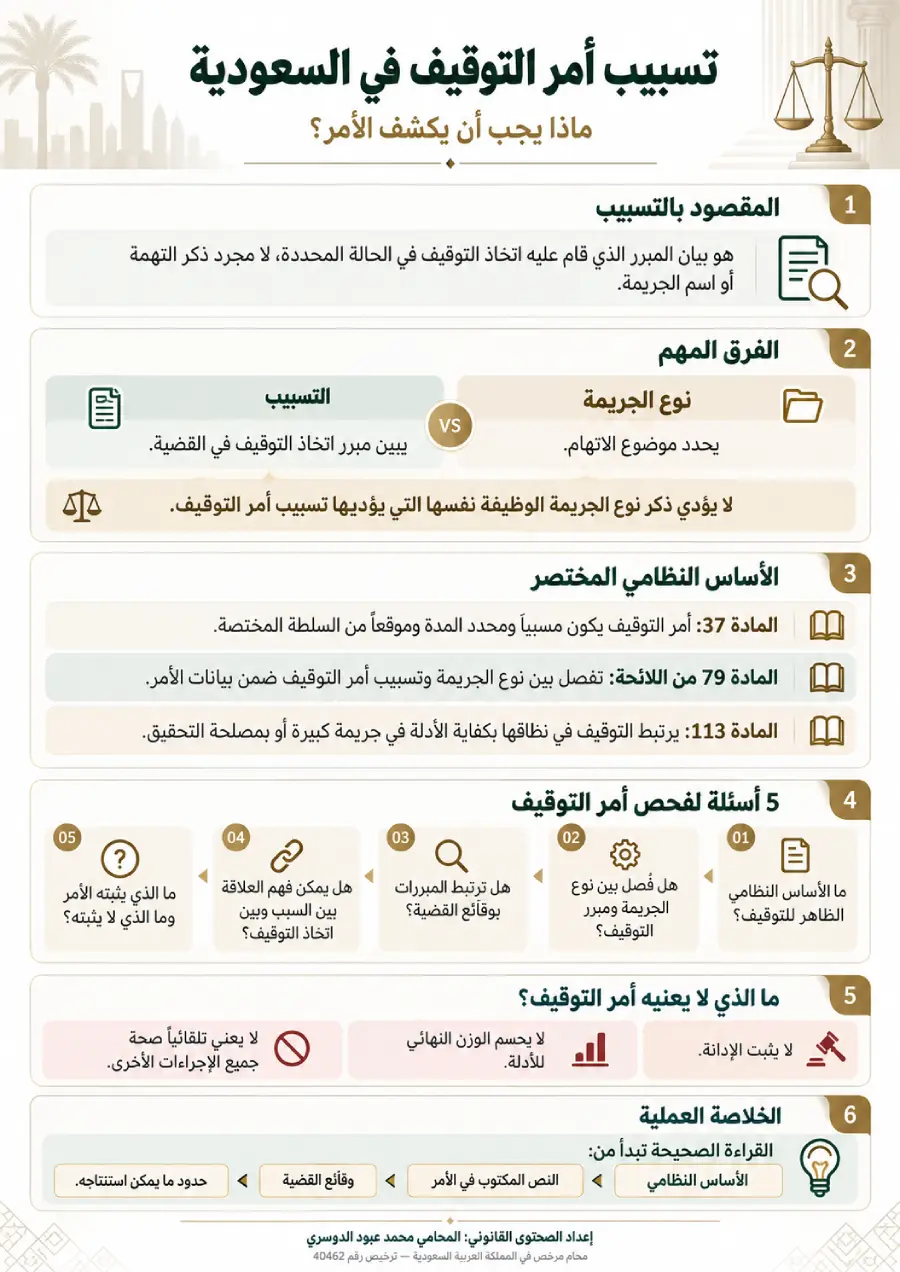 إنفوغرافيك يوضح تسبيب أمر التوقيف في السعودية والفرق بين نوع الجريمة والتسبيب والأساس النظامي و5 أسئلة لفحص أمر التوقيف