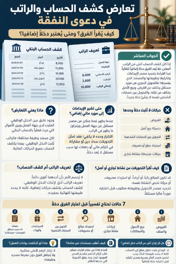 نفوغرافيك يوضح تعارض كشف الحساب والراتب في دعوى النفقة وكيفية تفسير الإيداعات والتحويلات البنكية