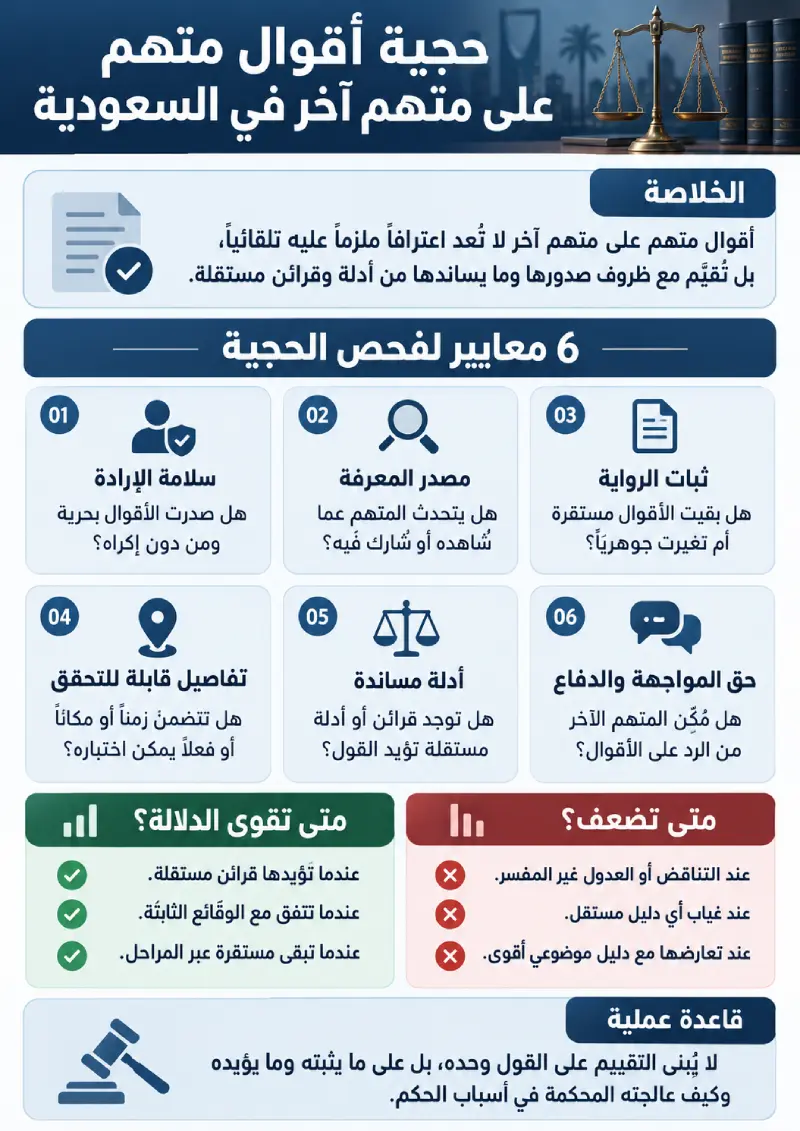 إنفوغرافيك يوضح 6 معايير لفحص حجية أقوال متهم على متهم آخر