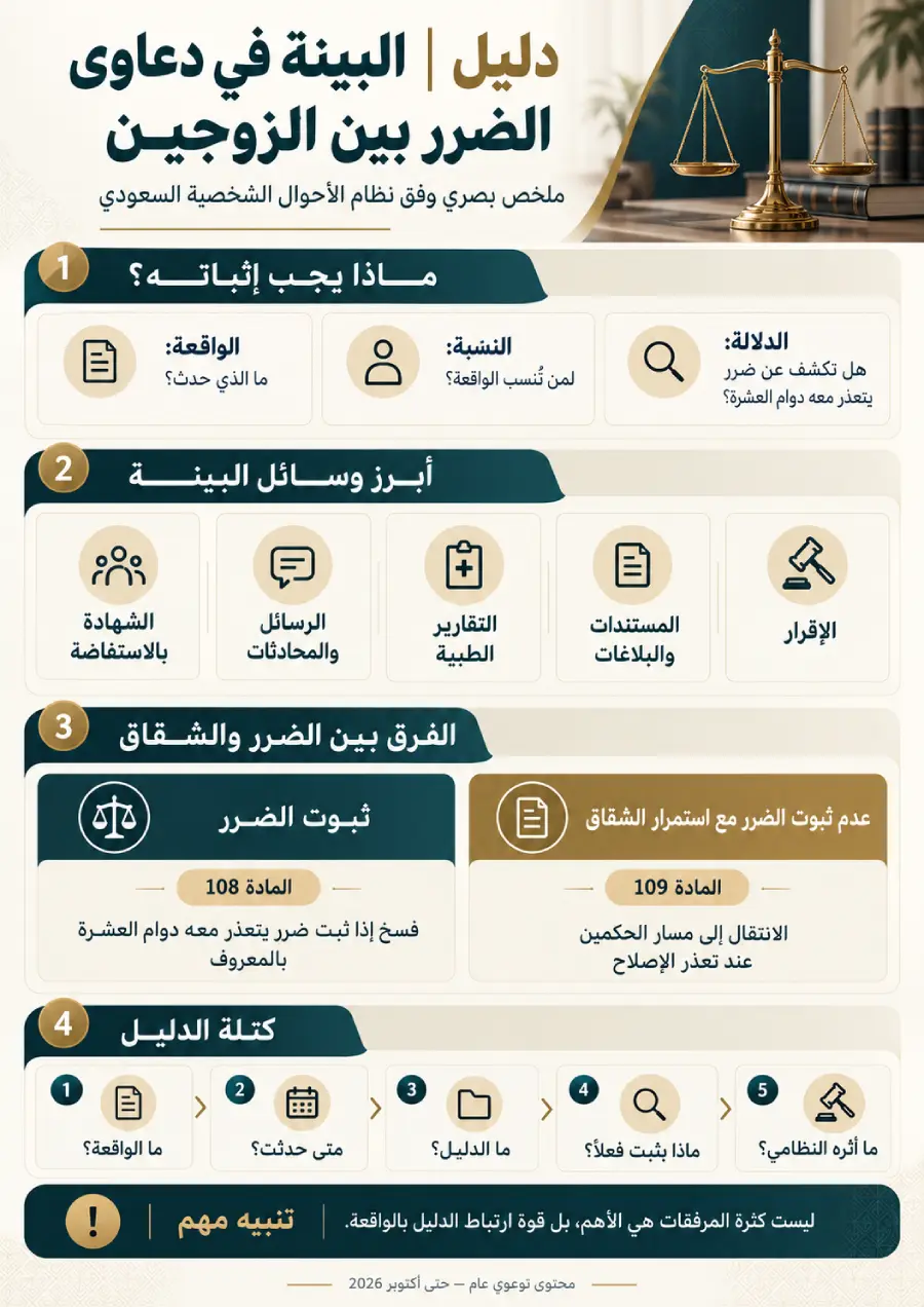 إنفوغرافيك يوضح البينة في دعاوى الضرر بين الزوجين في السعودية ووسائل الإثبات والفرق بين الضرر والشقاق