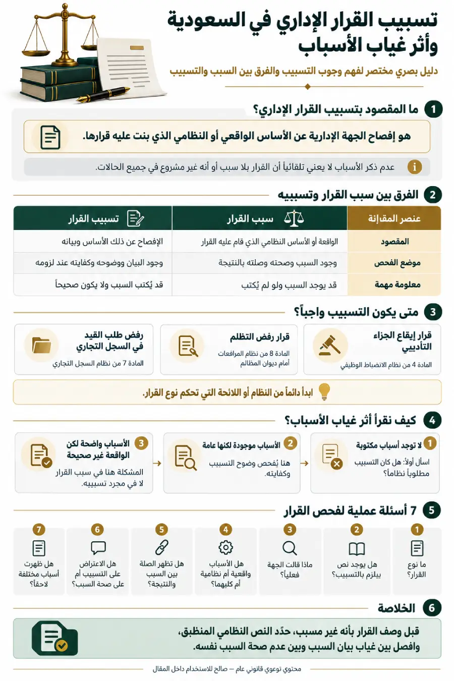 إنفوغرافيك يوضح تسبيب القرار الإداري في السعودية والفرق بين سبب القرار وتسبيبه وأثر غياب الأسباب