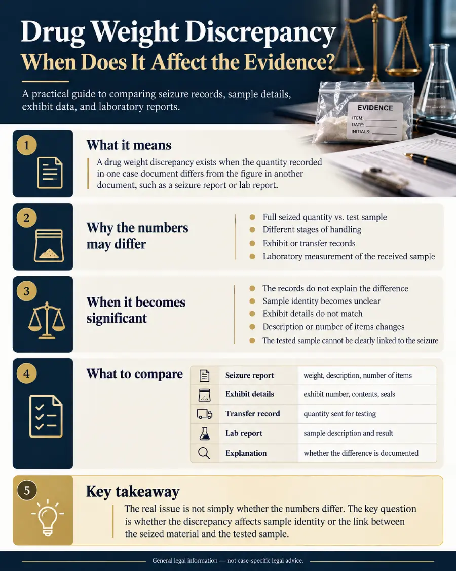 Infographic explaining when a drug weight discrepancy may affect sample identity and evidence