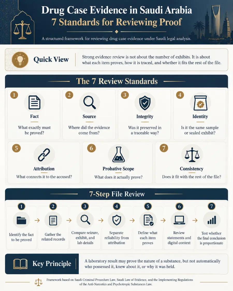 Infographic explaining 7 standards for reviewing drug case evidence in Saudi Arabia